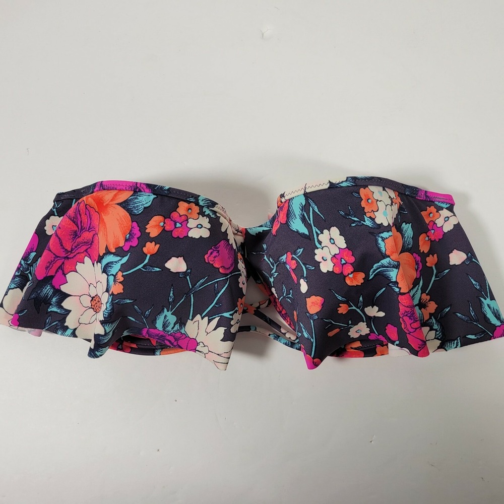 Shade & Shore Bikini Top 32D Blue Floral Flounce Strapless Padded Underwire
